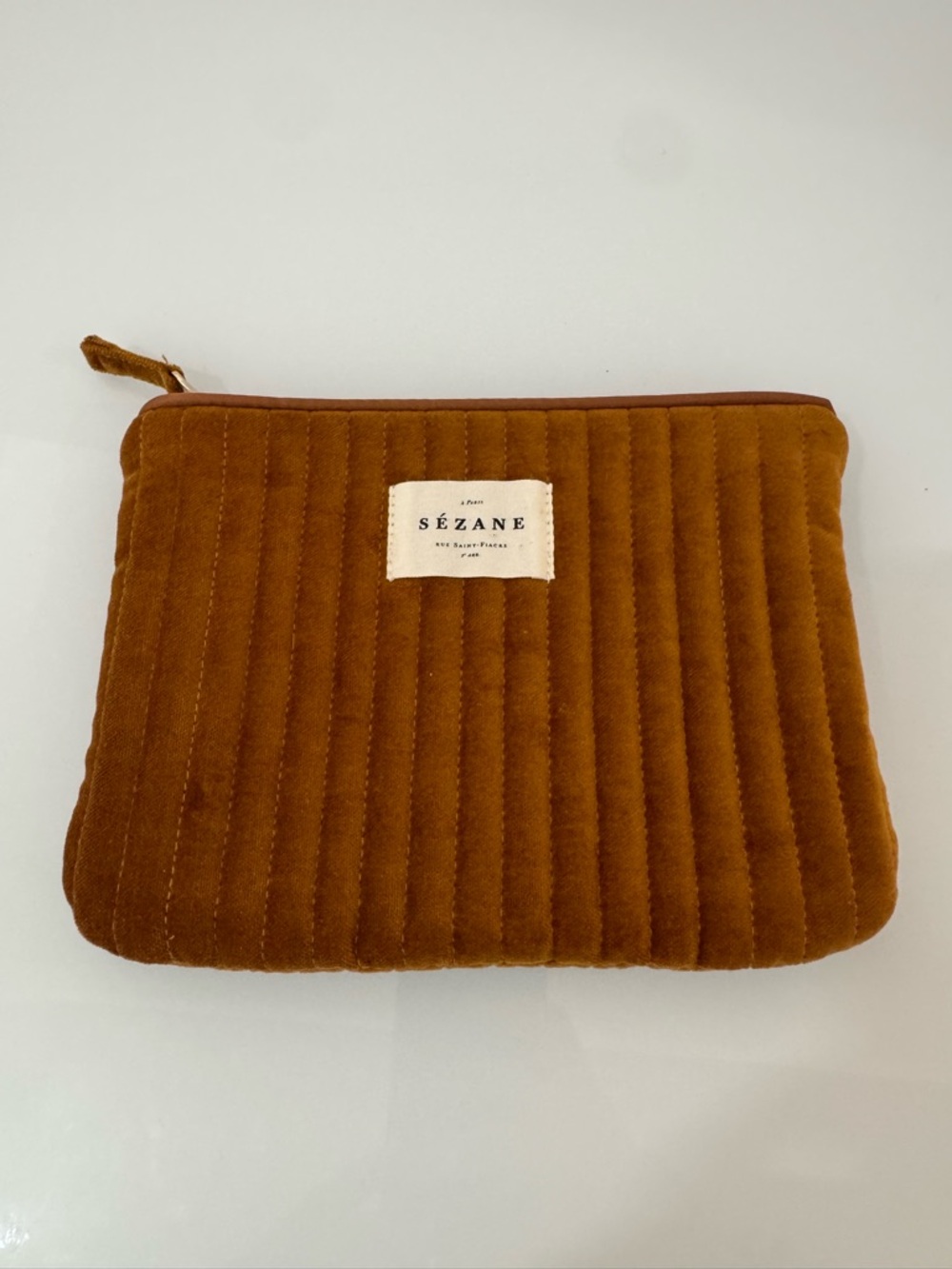 Sézane Quilted Velvet Cosmetic Pouch in Rust Brown